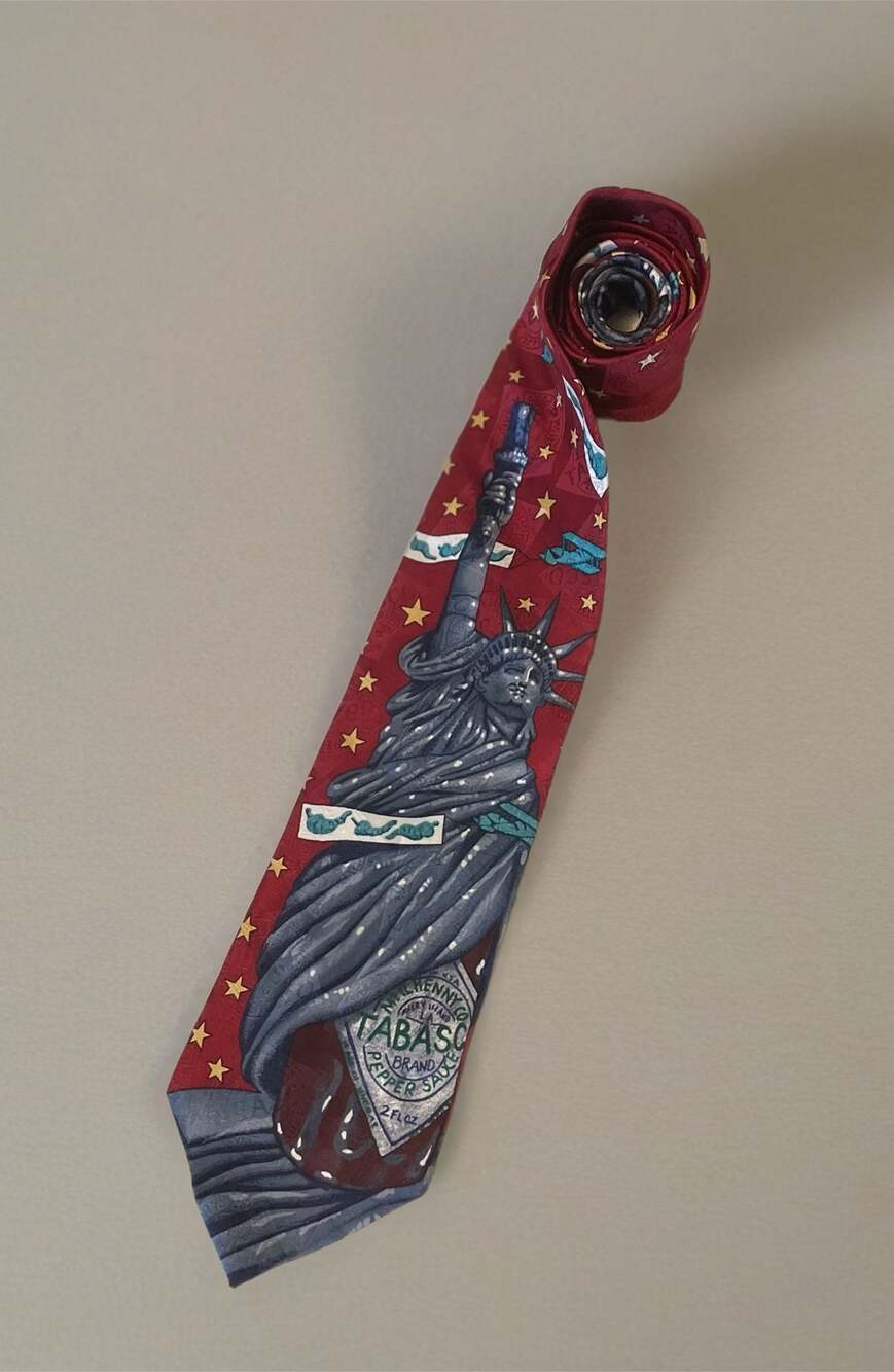 Vintage Tabasco Silk Tie Statue of Liberty Novelty Red Necktie Made in USA